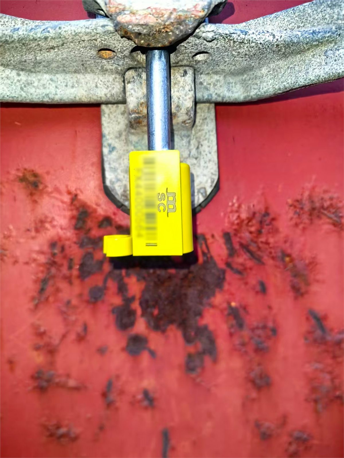 Close-up of a container seal with sensitive seal details blurred